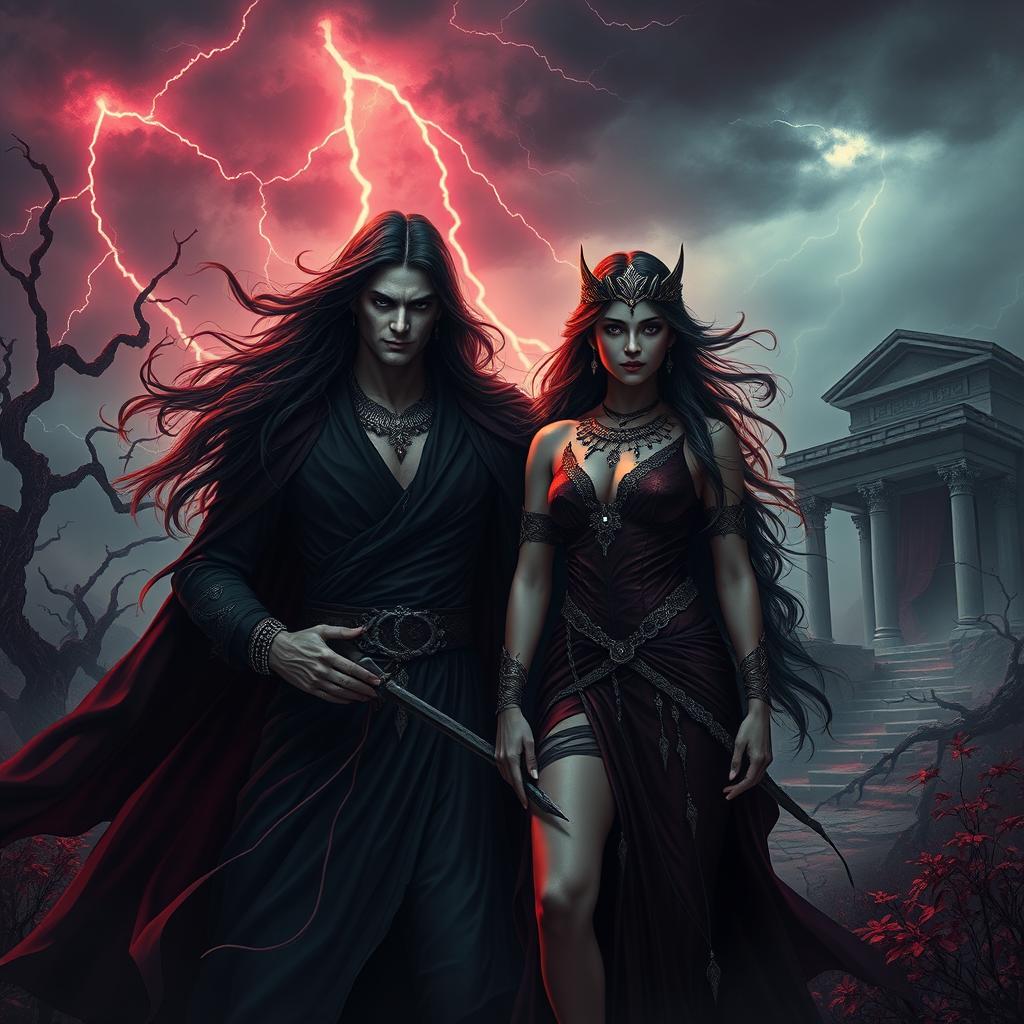 A dramatic scene depicting Antichrist and Lilith as a powerful duo in a surreal and darkly enchanting landscape