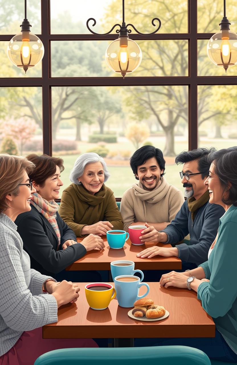 A heartwarming scene depicting a diverse group of people of various ages and ethnicities sitting together in a cozy café, sharing stories and laughter