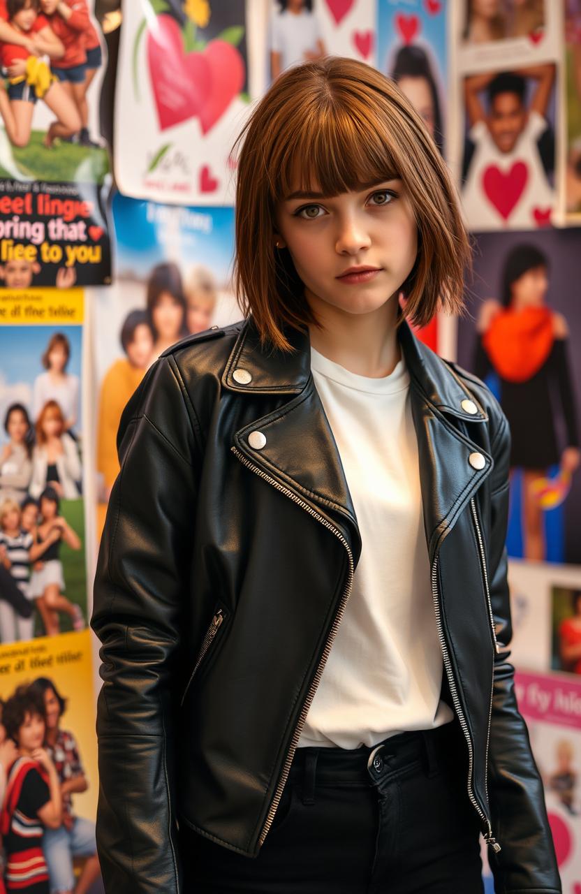 A teenage girl with chin-length brown hair wearing a leather jacket, a white t-shirt underneath, and black pants