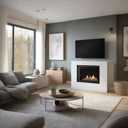 A modern living room featuring a warming fireplace and a small, integrated TV dresser with drawers.