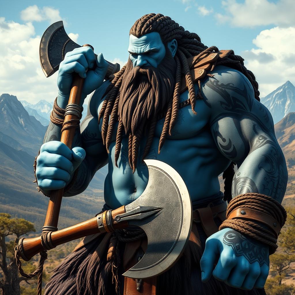 A powerful Goliath barbarian towering over the landscape, showcasing a striking white-blue skin tone embellished with intricate tattoos that tell a story of tribal heritage