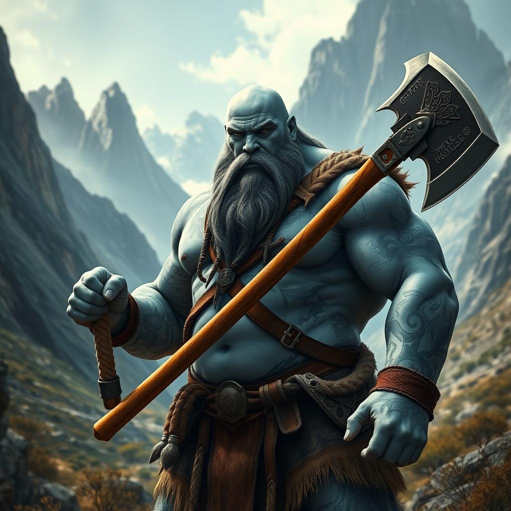 A formidable Goliath barbarian, large and muscular, with a striking white-blue skin tone intricately adorned with tattoos that showcase his tribal heritage