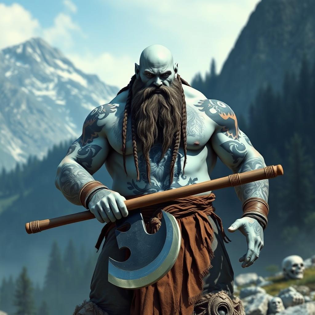 A leaner Goliath barbarian, standing tall and commanding, features a unique white-blue skin tone intricately adorned with tattoos that reflect his tribal roots
