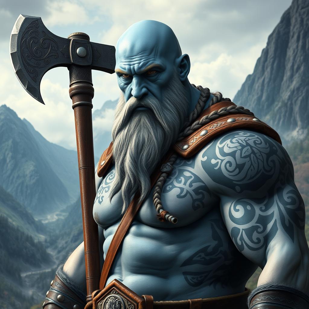 A leaner Goliath barbarian with a striking white-blue skin tone, prominently displaying intricate black Viking tattoos that encircle his arms and shoulders, symbolizing his warrior status