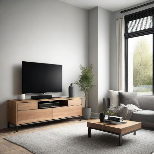 A modern living room featuring a warming fireplace and a small, integrated TV dresser with drawers.