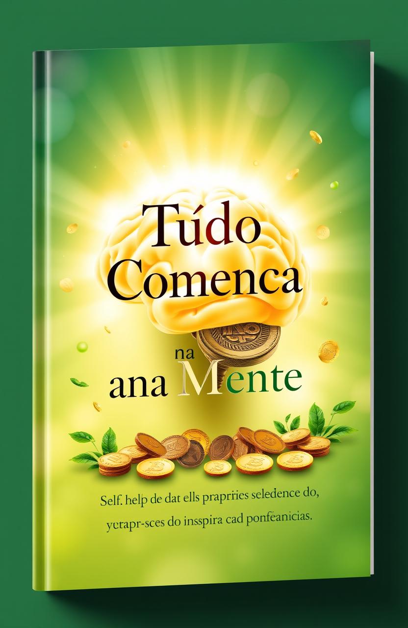 A beautifully designed book cover for a self-help book titled 'Tudo Começa na Mente', focusing on prosperity and personal growth