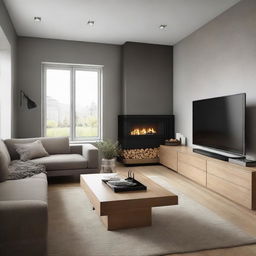 A modern living room featuring a warming fireplace and a small, integrated TV dresser with drawers.