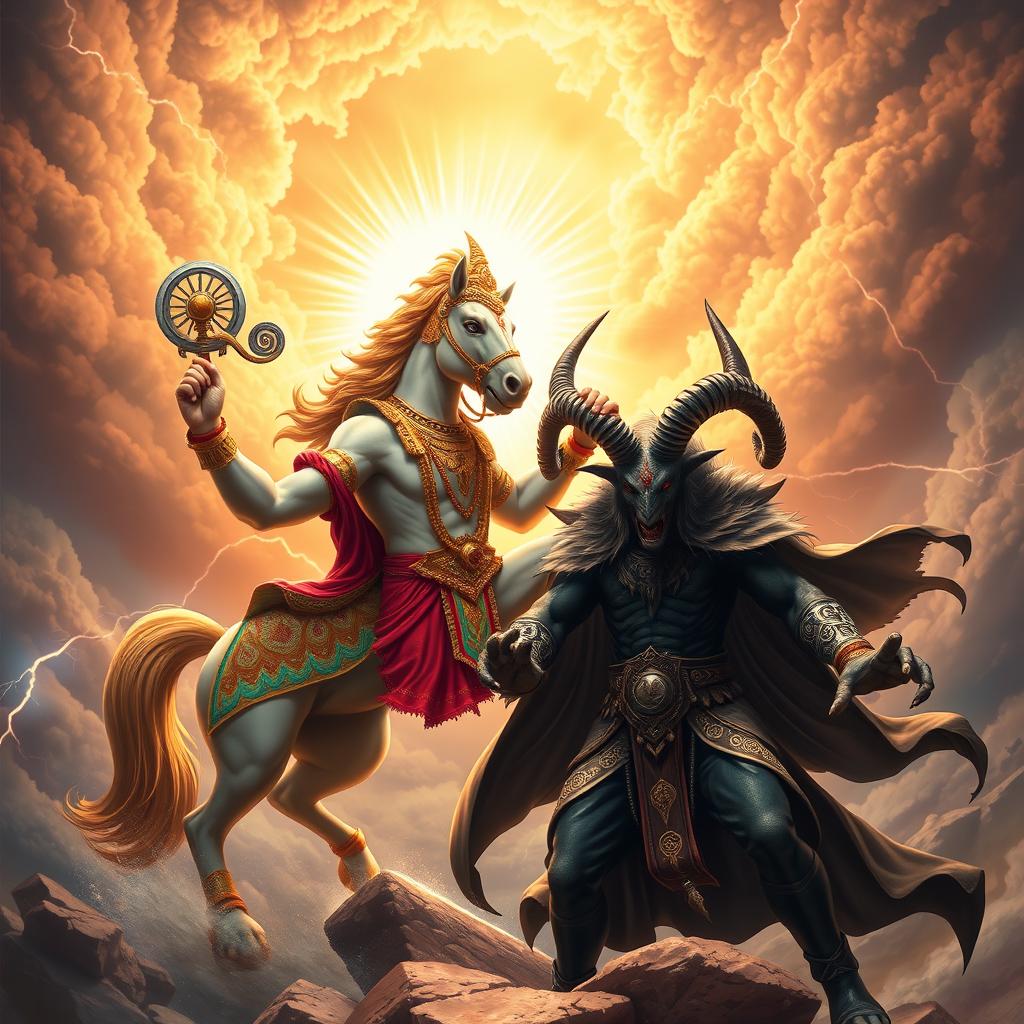 A dynamic battle scene featuring Hayagriva, depicted as the horse-headed avatar of Vishnu, but with the body of Vishnu himself, complete with the four arms, holding his iconic attributes like a conch, discus, mace, and lotus