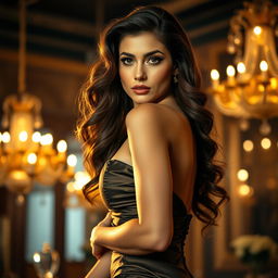 A glamorous and attractive woman with long wavy hair, wearing a fitted, elegant evening dress that accentuates her curves, striking a confident pose in a luxurious setting filled with soft golden lighting