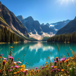 A clear, high-resolution image of a beautiful landscape featuring a serene lake surrounded by majestic mountains under a bright blue sky