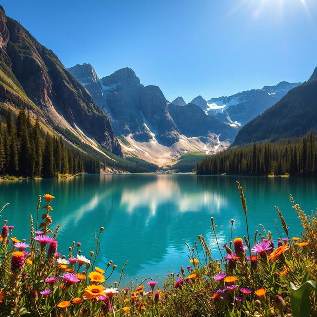 A clear, high-resolution image of a beautiful landscape featuring a serene lake surrounded by majestic mountains under a bright blue sky