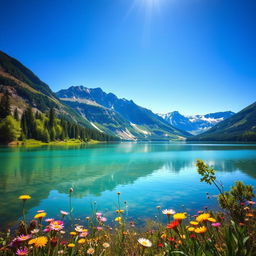 A clear, high-resolution image of a beautiful landscape featuring a serene lake surrounded by majestic mountains under a bright blue sky
