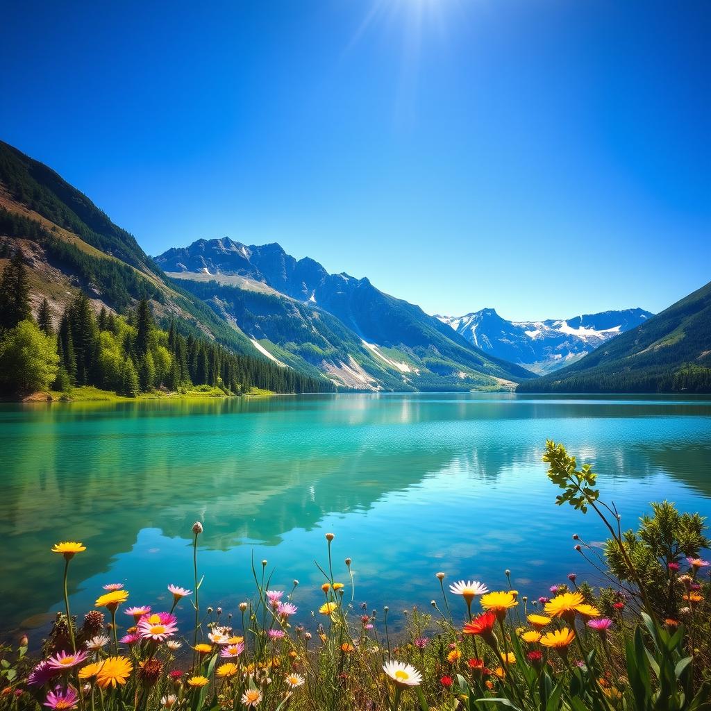 A clear, high-resolution image of a beautiful landscape featuring a serene lake surrounded by majestic mountains under a bright blue sky