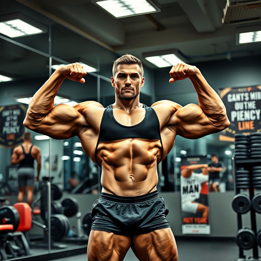 A muscular bodybuilder flexing his biceps in a well-furnished gym