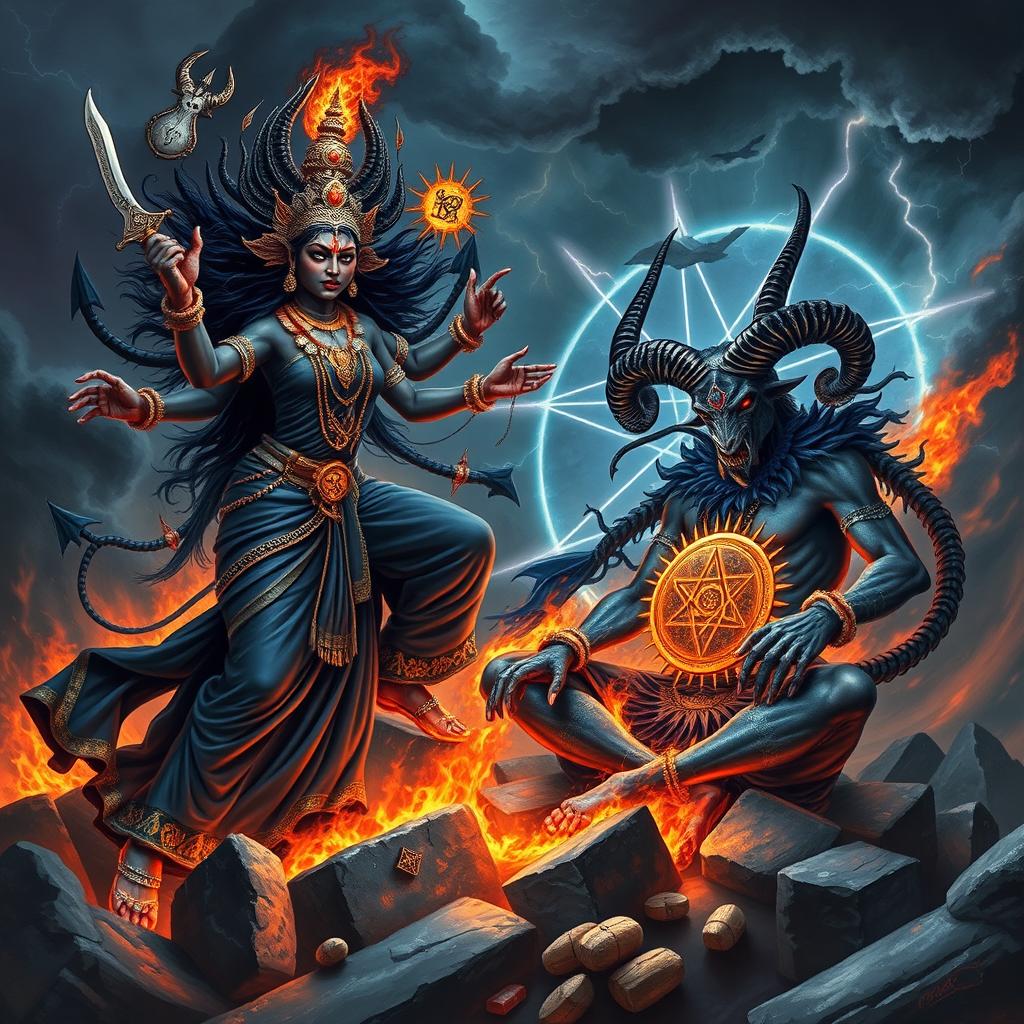 A dramatic and powerful scene depicting Mahakali and Baphomet locked in an epic battle