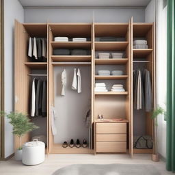 A practical wardrobe with a dressing table, iron, and compartments for shoes, bags, and clothes, measuring 3 meters by 3 meters