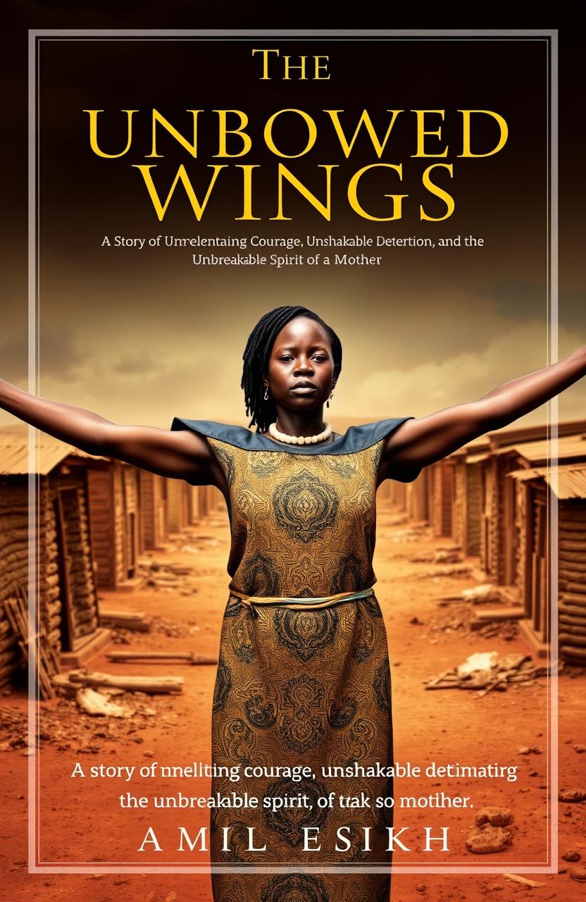 A powerful and emotional book cover design titled 'The Unbowed Wings: A Story of Unrelenting Courage, Unshakeable Determination, and the Unbreakable Spirit of a Mother'