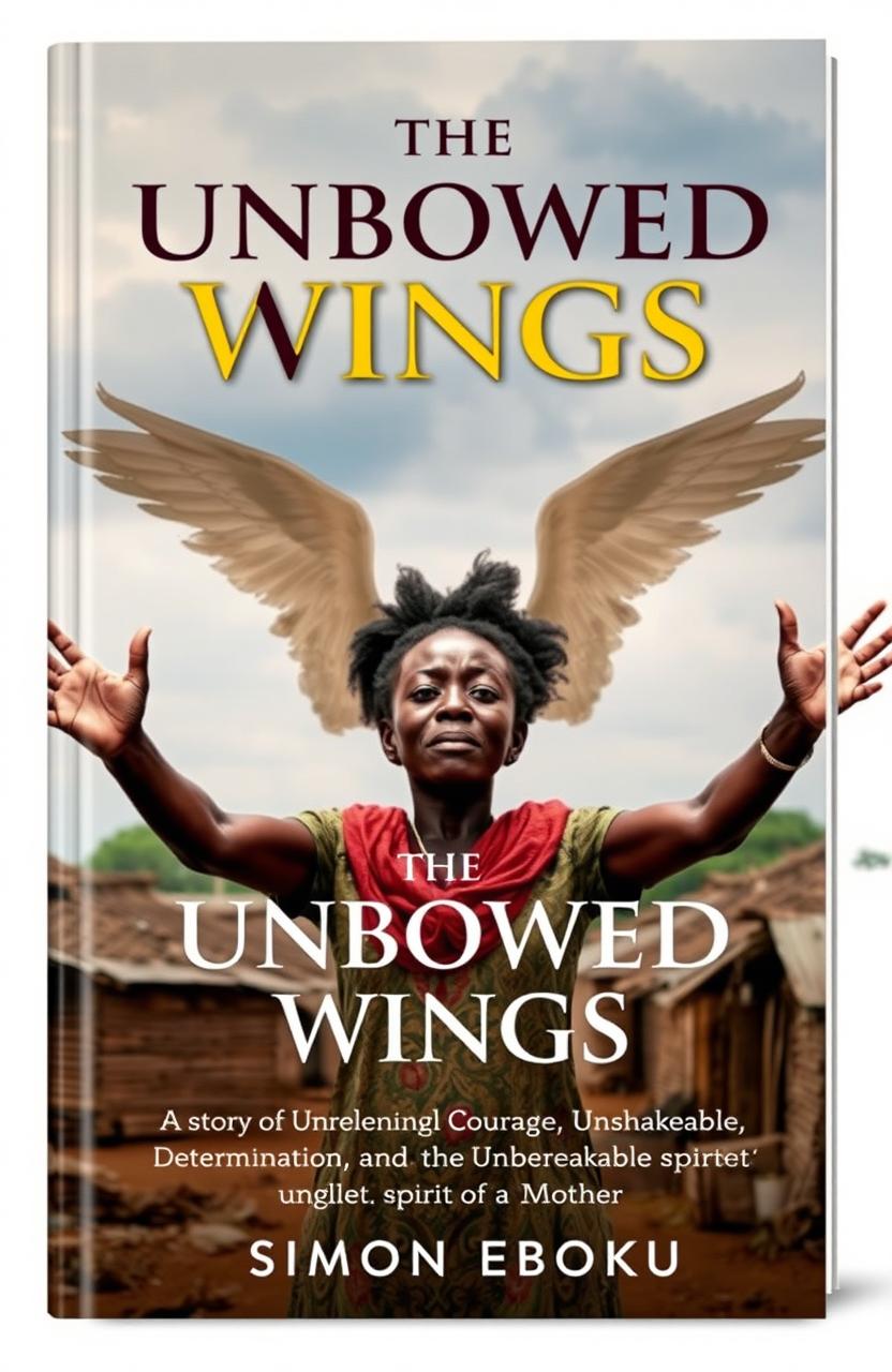 A powerful and emotional book cover for "The Unbowed Wings: A Story of Unrelenting Courage, Unshakeable Determination, and the Unbreakable Spirit of a Mother" by Simon Eboku