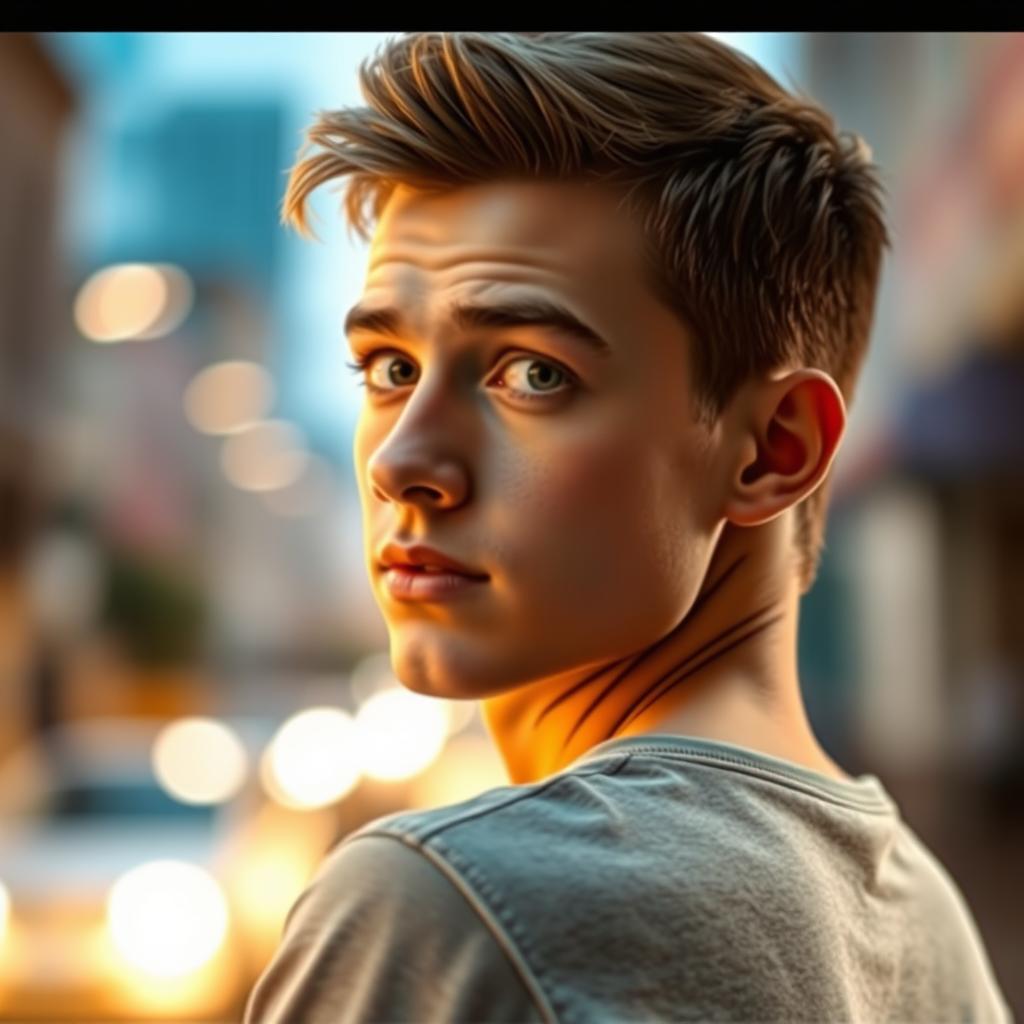A young white man looking over his right shoulder with an intrigued expression on his face