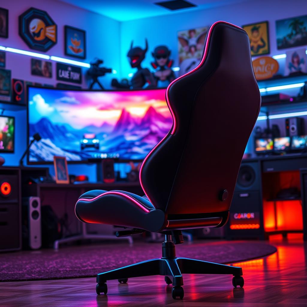 A sleek and modern gamer chair, featuring vibrant RGB lighting along its edges, ergonomic design with lumbar support, plush padding, and adjustable armrests