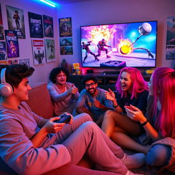 A dynamic scene of a diverse group of friends playing Fortnite together, sitting on a couch in a cozy living room filled with gaming posters and snacks, with colorful LED lights illuminating the room
