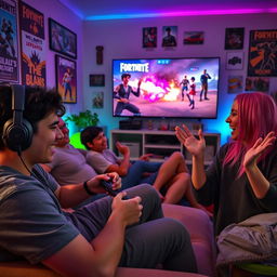 A dynamic scene of a diverse group of friends playing Fortnite together, sitting on a couch in a cozy living room filled with gaming posters and snacks, with colorful LED lights illuminating the room