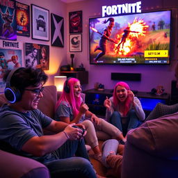 A dynamic scene of a diverse group of friends playing Fortnite together, sitting on a couch in a cozy living room filled with gaming posters and snacks, with colorful LED lights illuminating the room