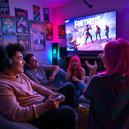 A dynamic scene of a diverse group of friends playing Fortnite together, sitting on a couch in a cozy living room filled with gaming posters and snacks, with colorful LED lights illuminating the room