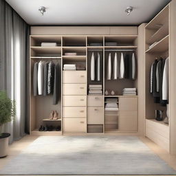 A practical wardrobe with a dressing table, iron, and compartments for shoes, bags, and clothes, measuring 3 meters by 3 meters