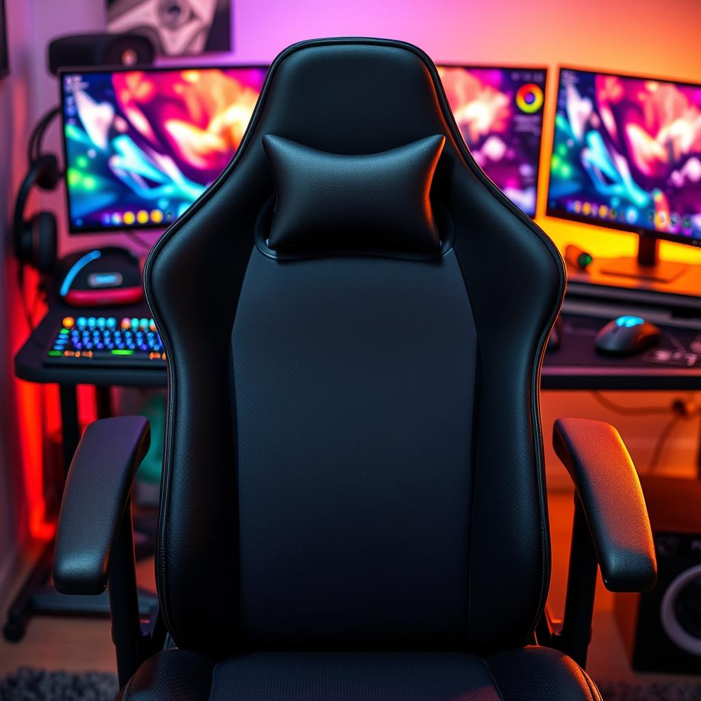 A sleek, modern gamer chair positioned in a forward-facing direction