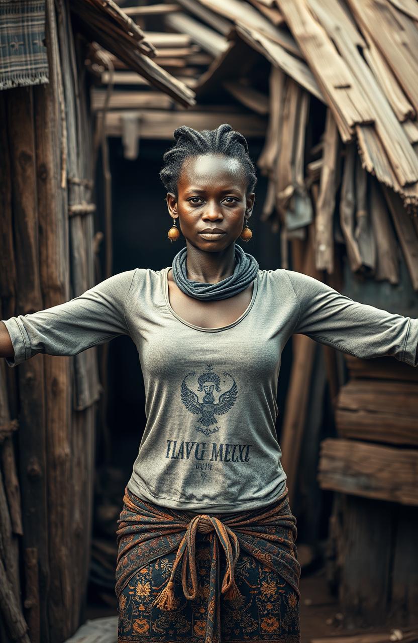 An African woman standing in a slum environment, surrounded by wooden, dilapidated houses