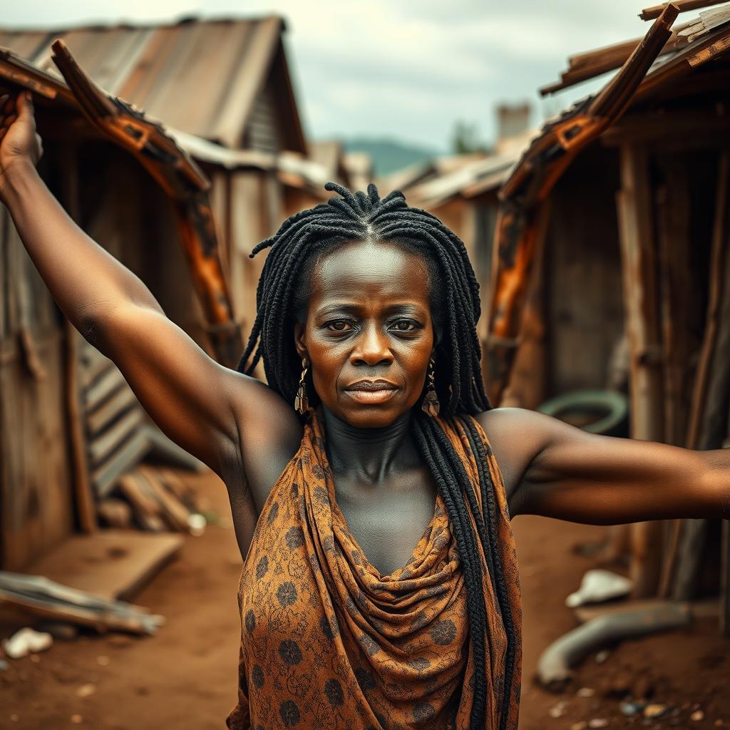 An African woman depicted in a slum environment, featuring worn, wooden houses in the background