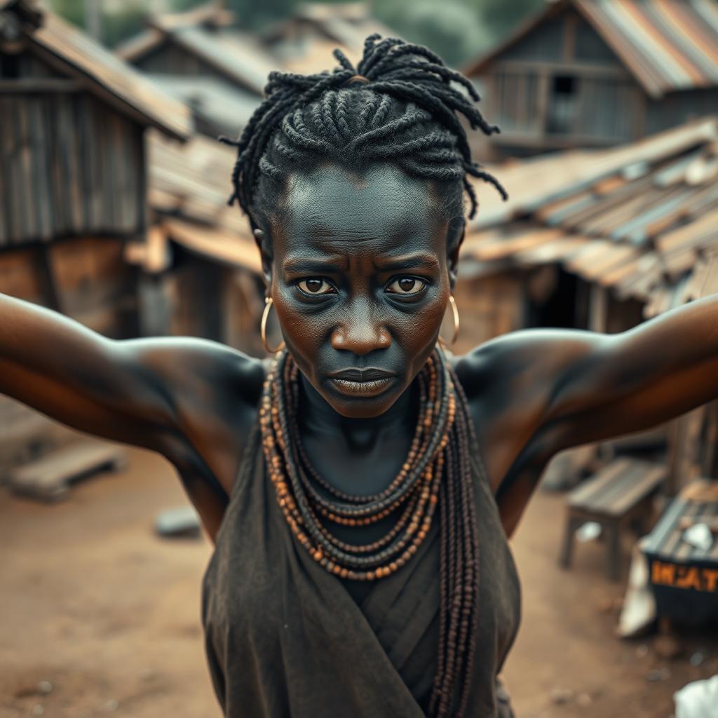 An African woman depicted against a backdrop of a slum, featuring rustic wooden houses that reflect poverty