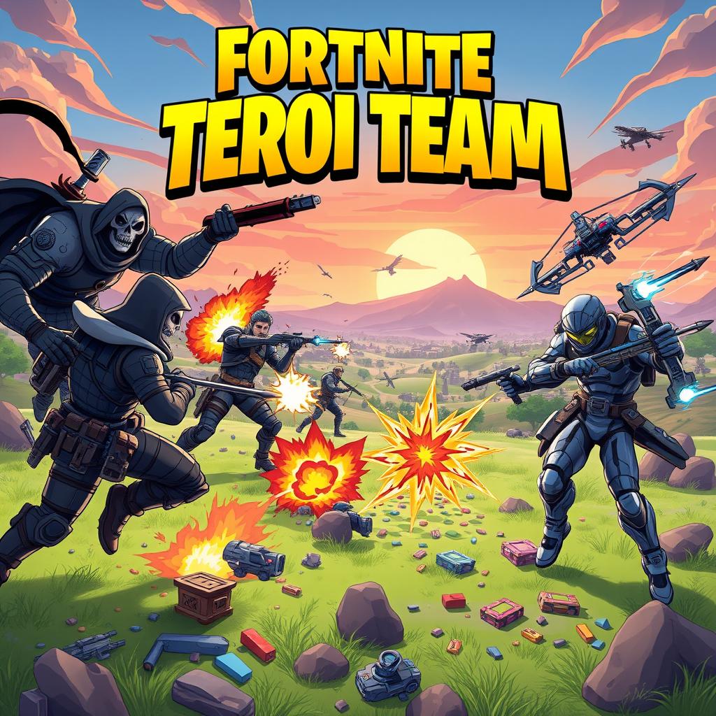 An action-packed illustration of the Fortnite Terror Team, featuring a group of fierce and unique characters in the midst of an epic battle scene
