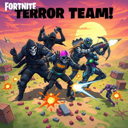 An action-packed illustration of the Fortnite Terror Team, featuring a group of fierce and unique characters in the midst of an epic battle scene