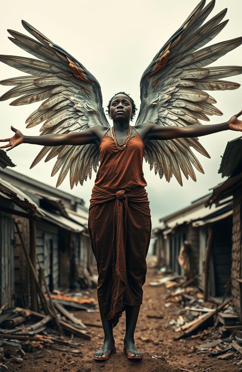 A powerful image of an African woman standing tall in a somber slum environment, surrounded by dilapidated wooden houses