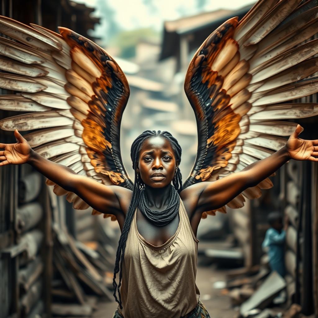 An inspiring image of an African woman in a slum setting, characterized by wooden, run-down houses