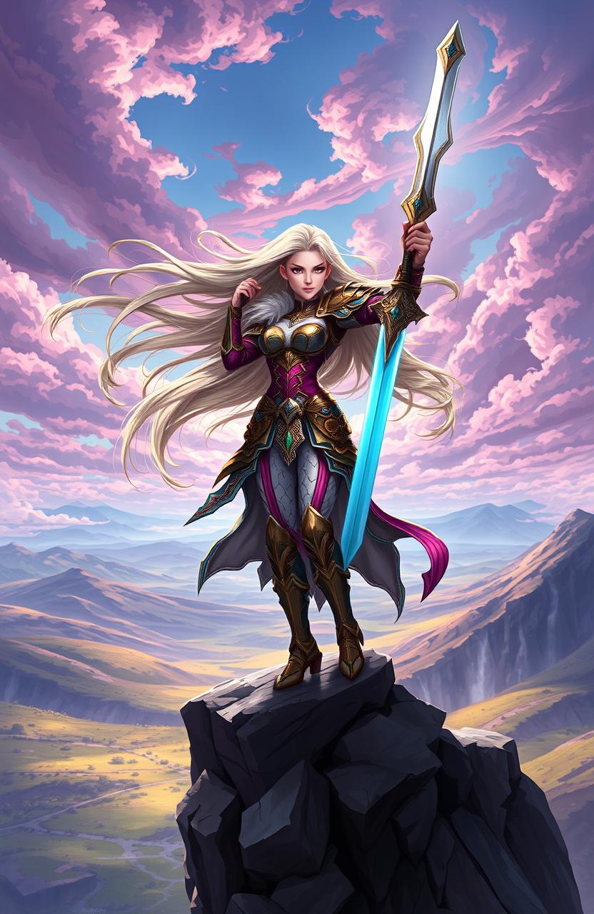 A beautiful and powerful female warrior, inspired by the art style of Dragon's Crown, standing triumphantly atop a rocky cliff edge