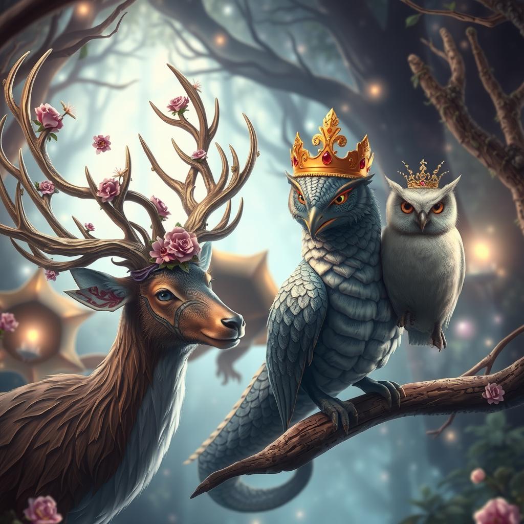 An enchanting scene featuring an array of fantasy animals adorned with elaborate crowns