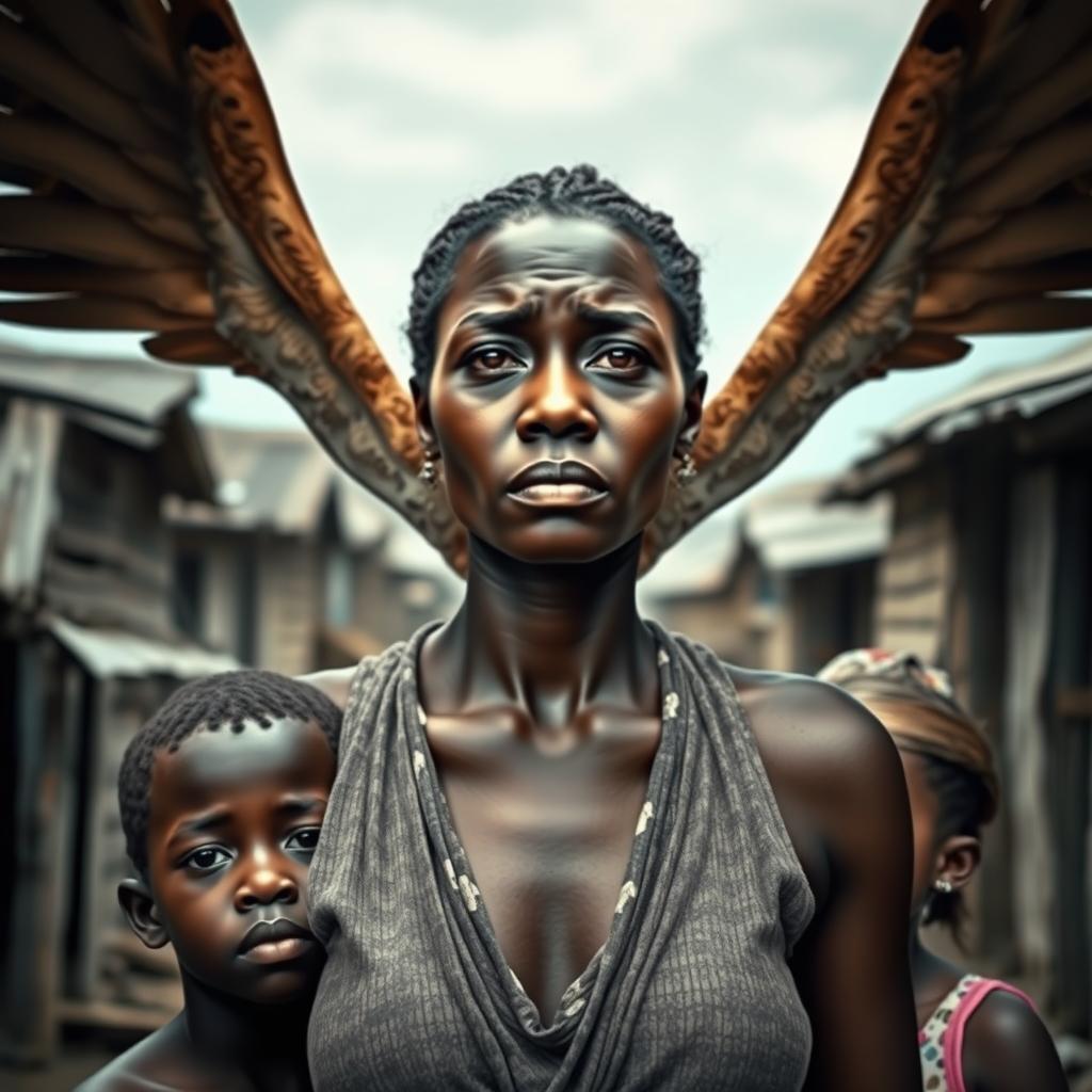 An evocative image of an African woman in a slum setting, characterized by dilapidated wooden houses that signify poverty