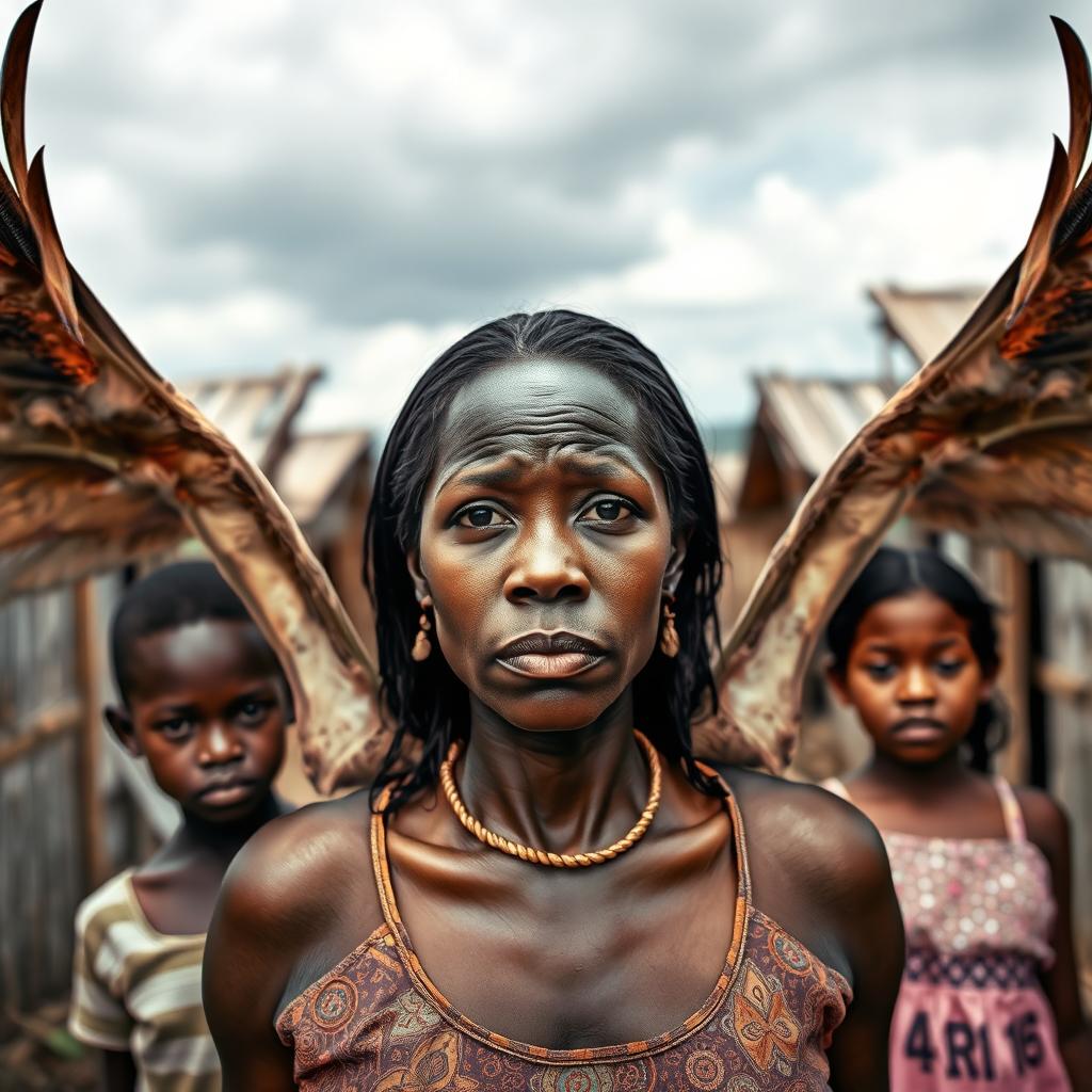 A striking image of an African woman in a slum background, characterized by dilapidated wooden houses that reflect poverty