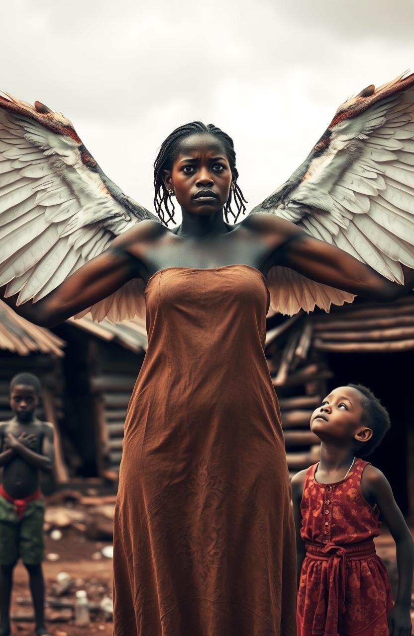 An African woman stands in the foreground with a sorrowful yet determined expression, her sharp eyes full of strength and courage