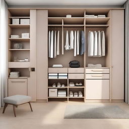 A practical wardrobe with a dressing table, iron, and compartments for shoes, bags, and clothes, measuring 3 meters by 3 meters