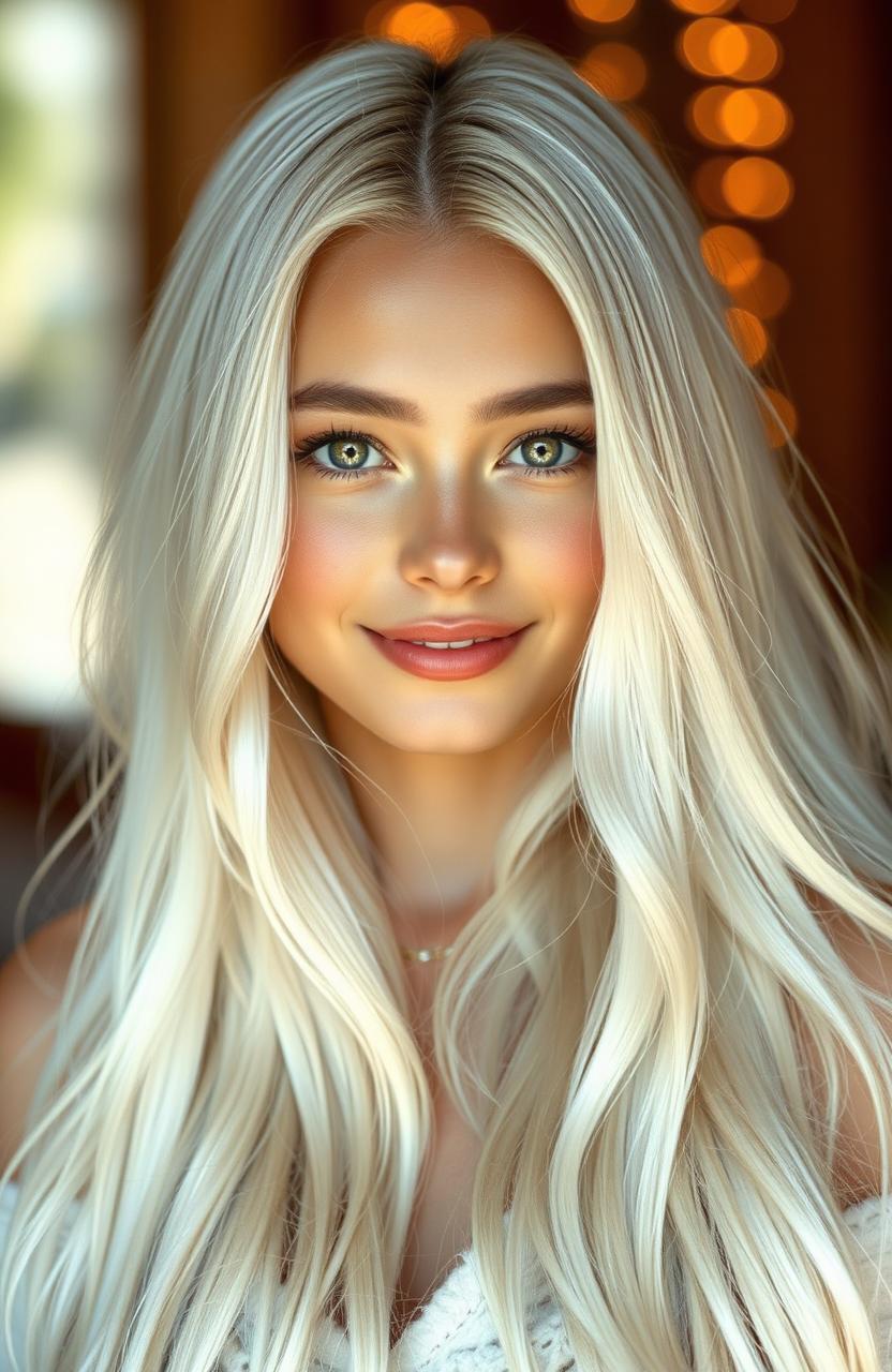A stunning young model named Aurora Lee with long, silky white hair reminiscent of fresh snow, exuding an air of mystery and uniqueness