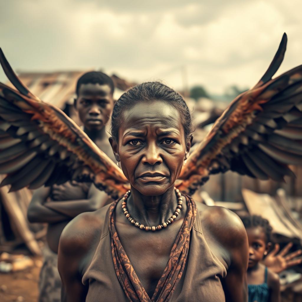 An African woman stands powerfully in the foreground, her expression a mix of sorrow and strength, with sharp, determined eyes that convey her courage