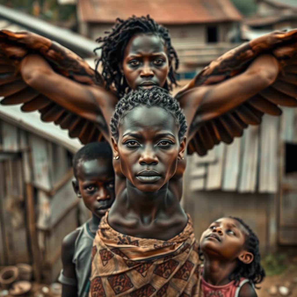 An African woman stands gracefully in the foreground, her expression a poignant blend of sorrow and strength, with sharp, determined eyes that reflect her inner courage