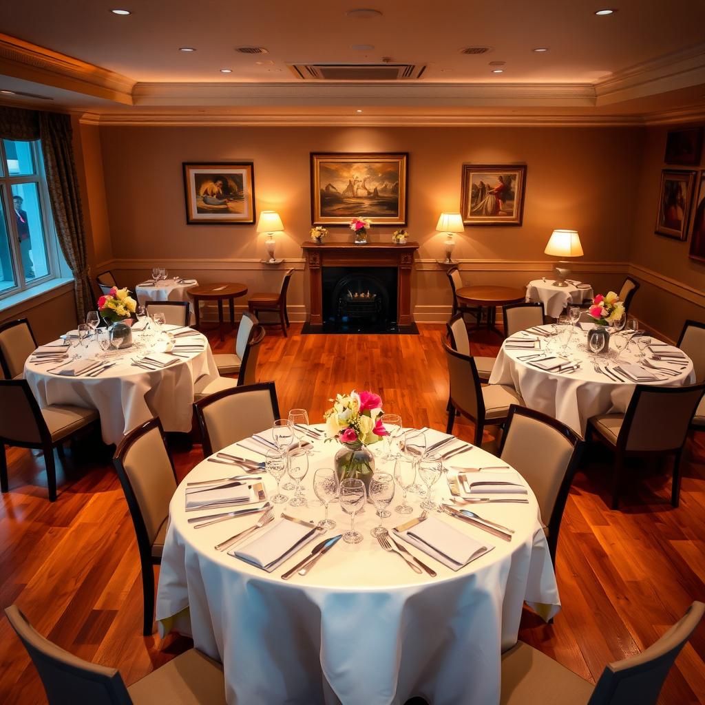 A spacious dining area featuring four elegantly set tables, each divided into two sections, with beautiful tablecloths and centerpieces