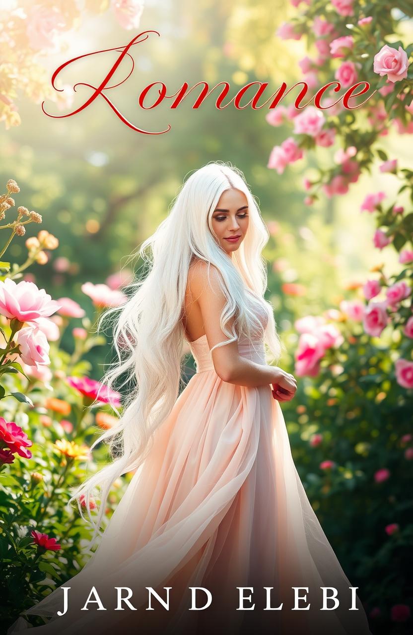 A captivating romance novel cover featuring a beautiful woman with long, flowing white hair, standing in a lush, enchanting garden