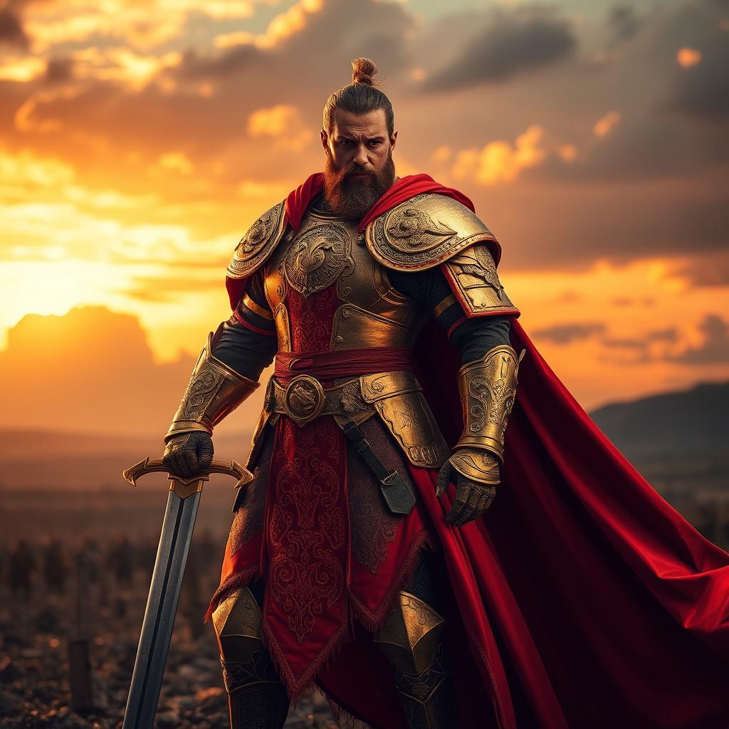 A fierce medieval warrior clad in ornate armor featuring vibrant gold and deep red colors