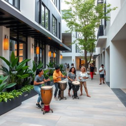 A modern and clean neighborhood with a vibrant atmosphere